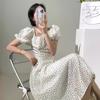 Japanese Floral New Bubble Sleeve Strap Medium and Long Dress Casual Style Light Color Dress Hanging Neck Square Collar Thin French Style