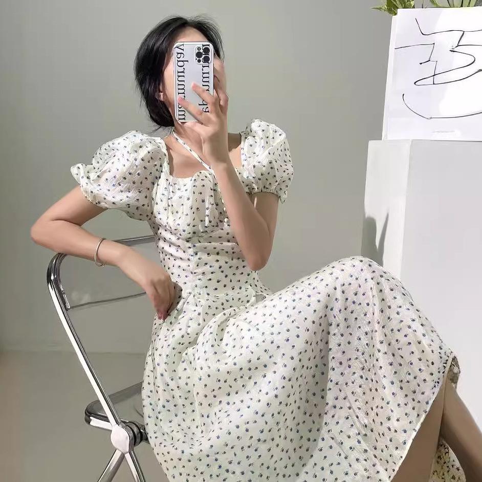 Japanese Floral New Bubble Sleeve Strap Medium and Long Dress Casual Style Light Color Dress Hanging Neck Square Collar Thin French Style