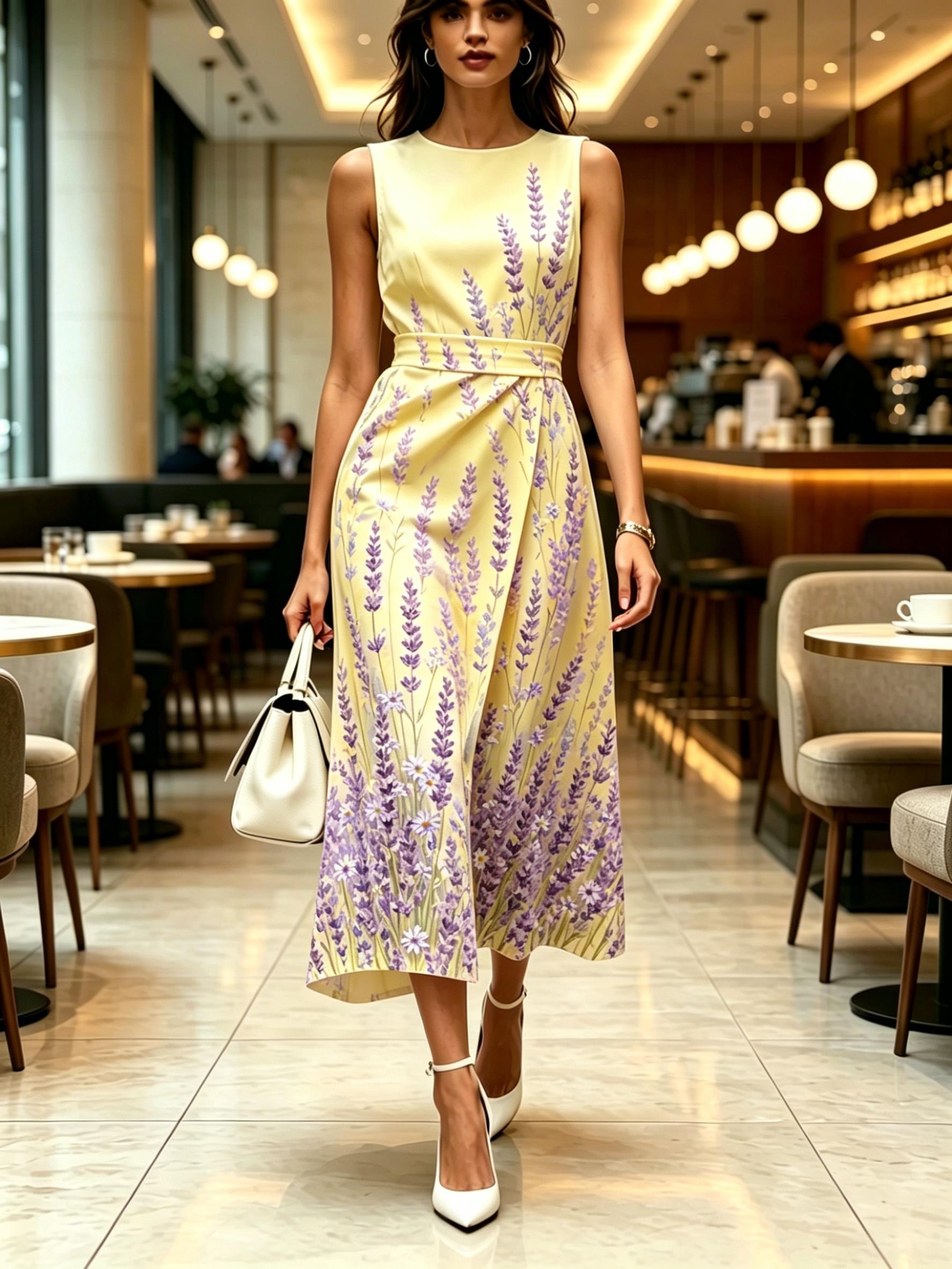 

Women Round Neck Sleeveless Midi Dress Yellow with Lavender Print Modern Elegant Casual Fashion Spring Summer Autumn Womens Clothing XXL