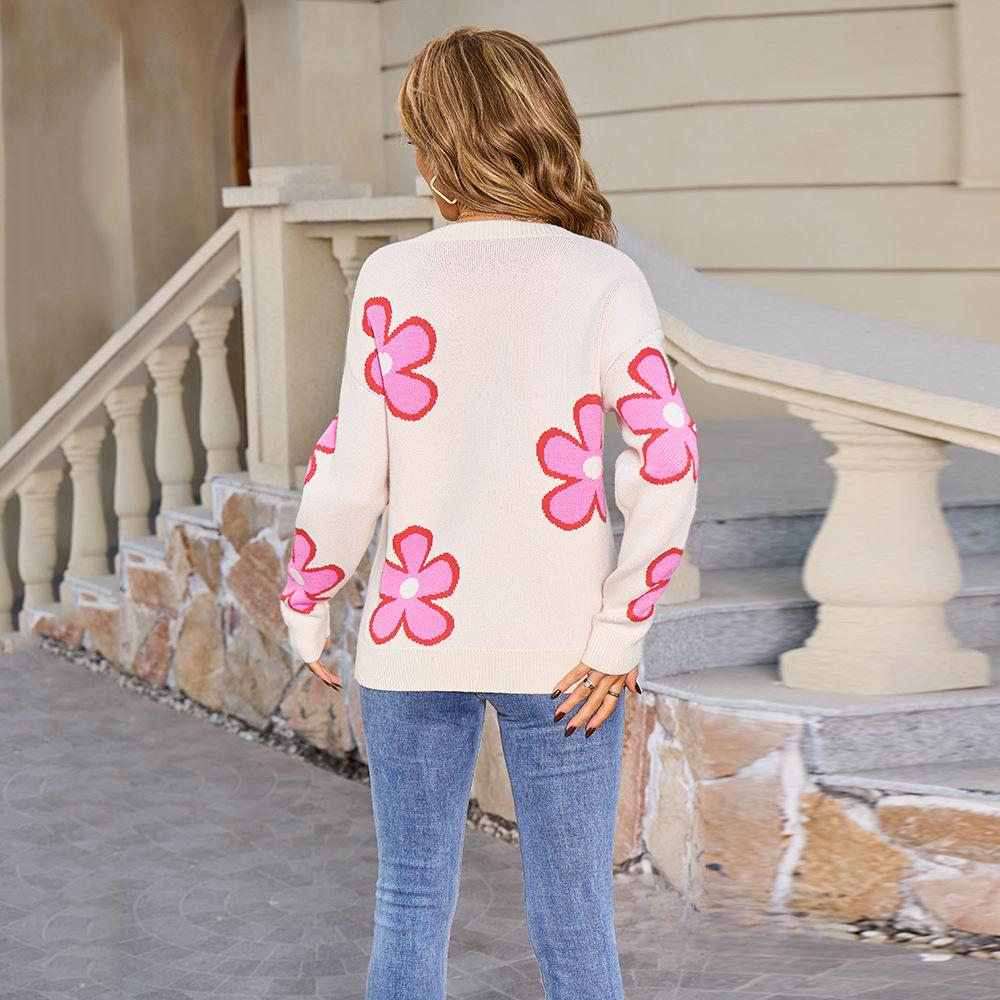 Nuevo Suéter Holgado con Jacquard de Flores para Mujer, Top de Punto de Cuello Redondo con Bloques de Color de Moda