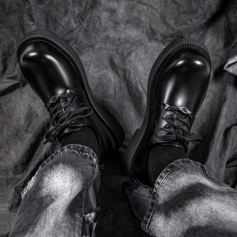 Niche leather big head derby shoes men's black round head platform small leather shoes heightening versatile commuter trendy shoes