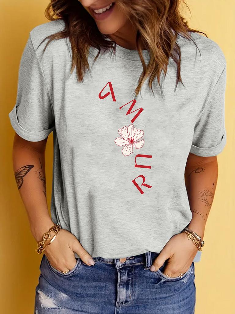 Women'S Casual Round-Neck T-Shirt with Stylish Letter Print for Spring and Summer