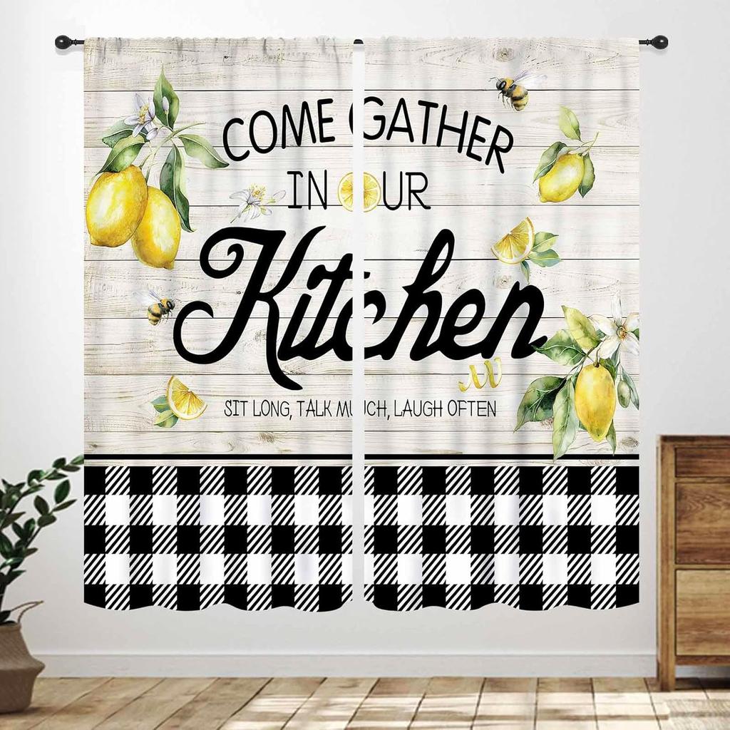 Rustic Kitchen Curtains,Retro Fork Spoon Wooden Plank Farmhouse Country Cooking Theme Funny Quotes Window Treatment for Bedroom