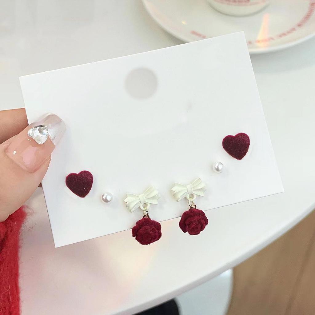 Red Flocking Bow Earrings: Retro, Festive, Exquisite Design for Women