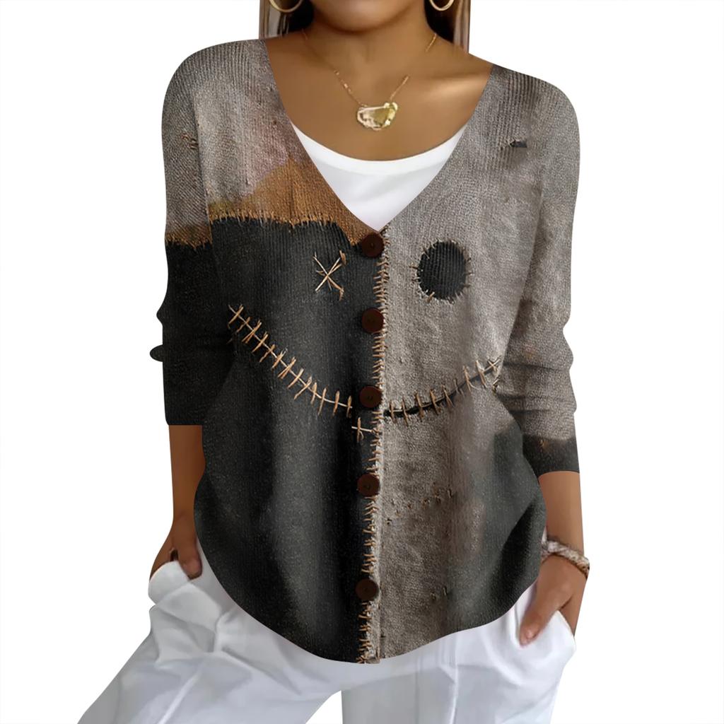 Women's Fashion Casual Knit Sweater Button-Up Halloween Printed  Cardigan Jacket