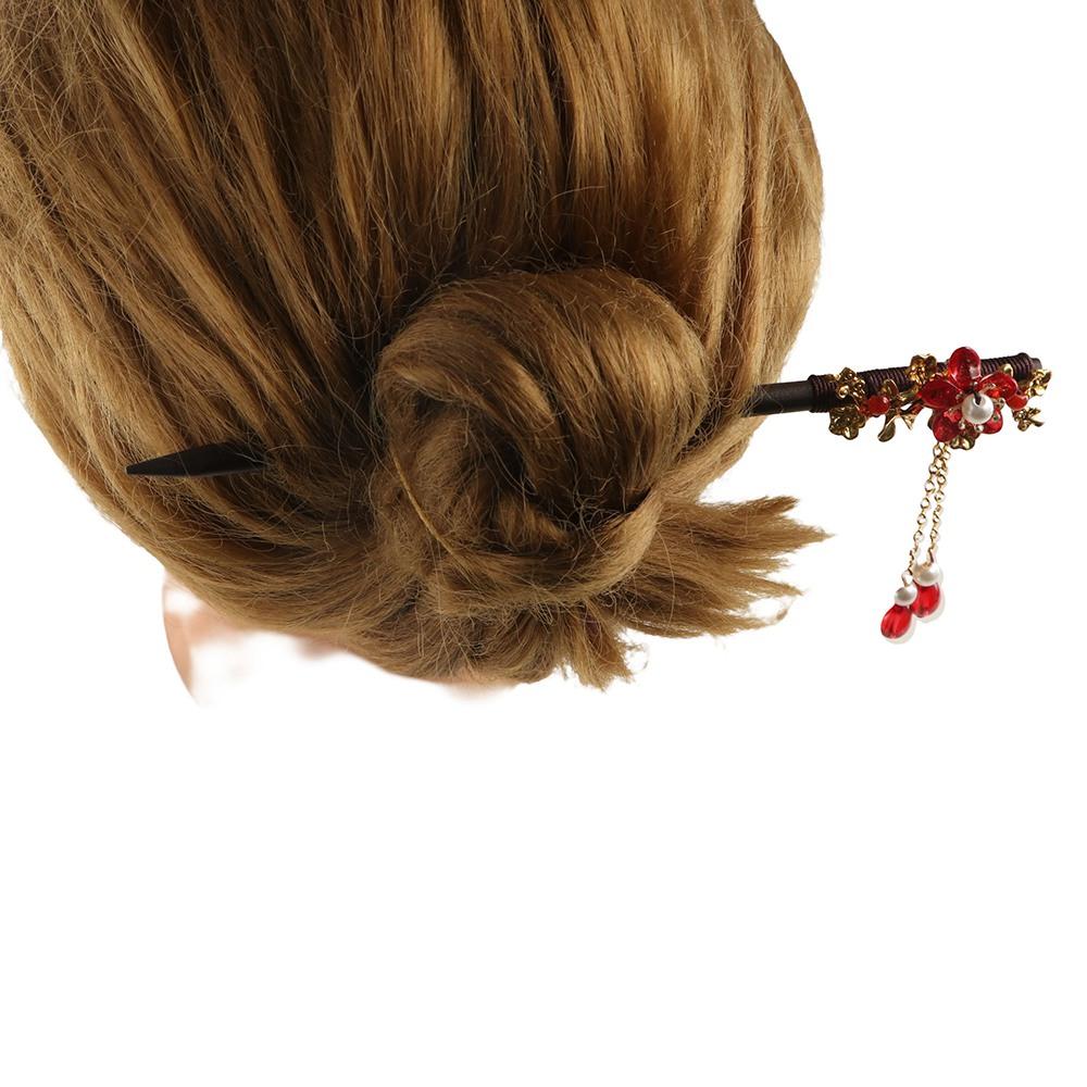 Vintage Red Rose Fringe Hairpin Fashion Chinese Hairpin Headwear Retro Red Hair Stick  Disk Hair