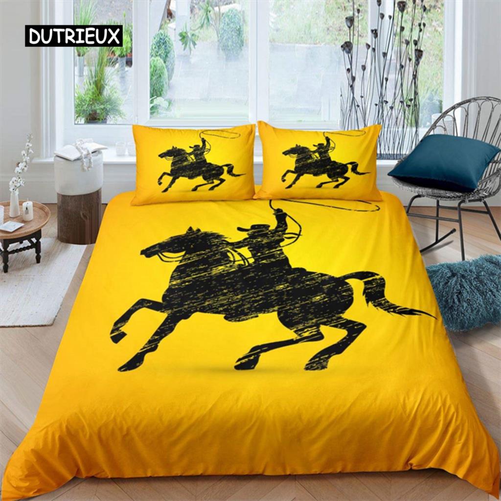 Western Cowboy Duvet Cover Rodeo Cowboy Riding Bull Horse Bedding Set Full For Boys Teen Microfiber Farmhouse Style Quilt Cover