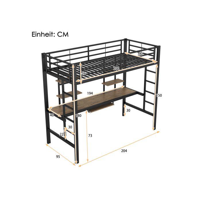 Lit mezzanine - MUVOE - 90x200 cm - Métal noir - Bureau et étagères inclus - Sécurisé EN747