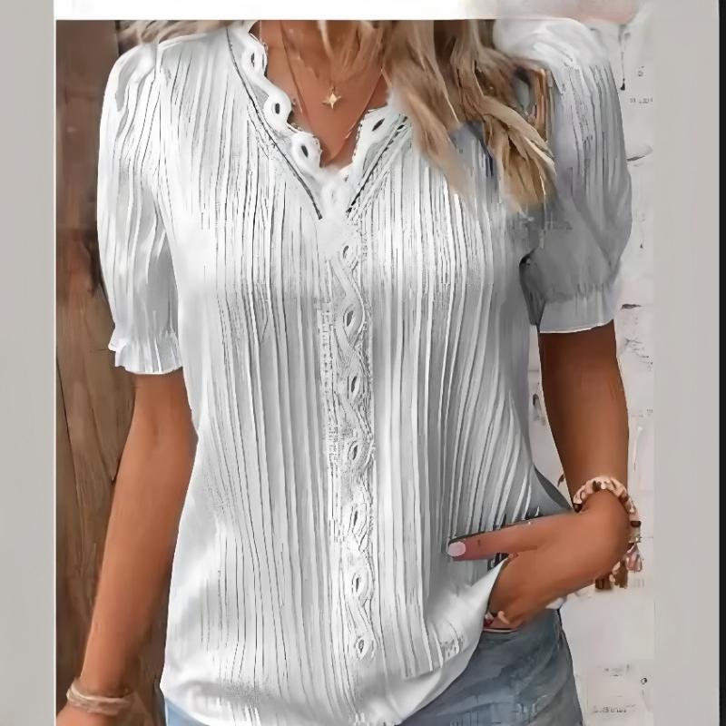 Summer Vacation Fashion Hollow V-neck Lace Short-sleeved Women's Shirt