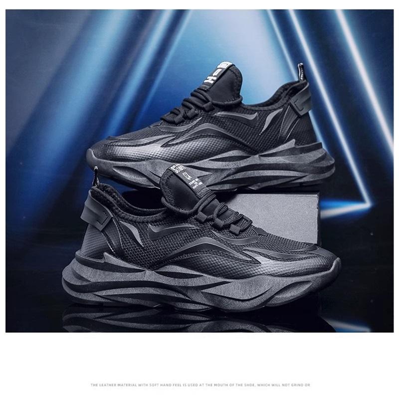 Autumn Men Pure Black Dad Sneakers Knit Mesh Breathable Height Increasing Casual Shoes