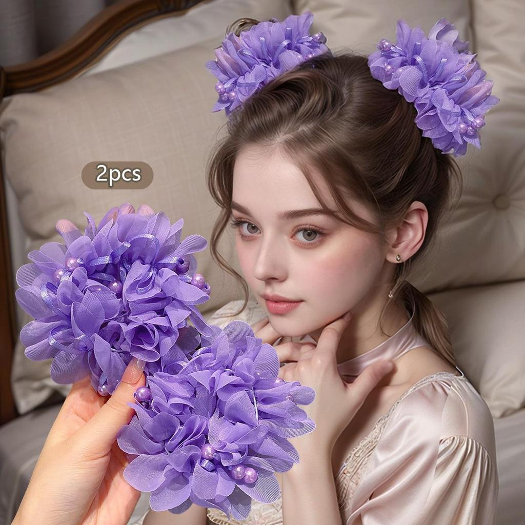 2Pcs Children's  Head Flower Hair Accessories Cute Princess Little Girl Meatballs Hair Hoops  Flower Head Rope Tie Hair Rubber Band