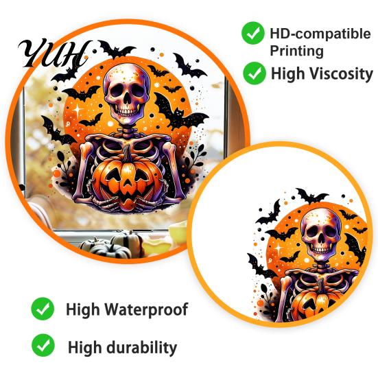 Halloween Window Clings Static Clings, Watercolor Pumpkin Ghost Skull Decals, No Removable Glass Decorations Glue Stickers for Living Room Store Front