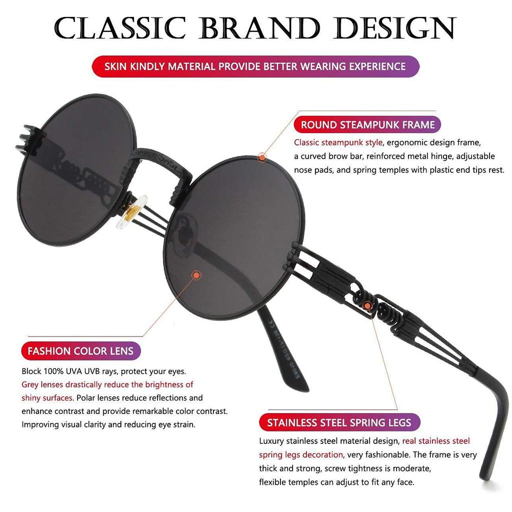 Used AIEYEZO Round Steampunk Sunglasses Circle Lennon Hippie Glasses Metal Frame 100% UV Protection Lens, Black/Gray, MM [Black/Gray] [Black/Gray]
