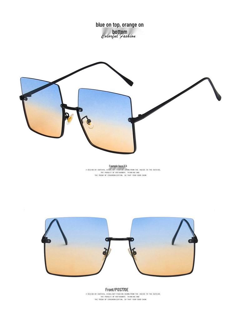 Metal Cut-Edge Semi-Rimless Oversized Square Sunglasses - 2021 Retro Style for Women's Round Faces, Celebrity-Favored.