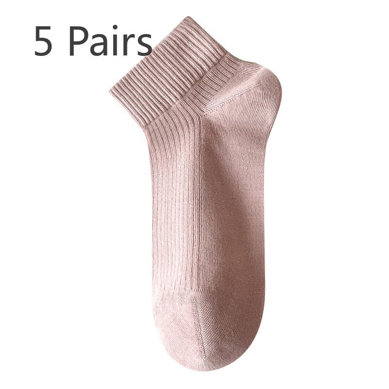 5 Pairs of Women's Spring and Summer Thin Breathable White Boneless Antibacterial and Deodorant Short Tube Cotton Socks
