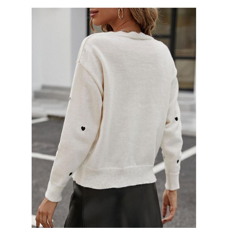 Women S Loose Fit V Neck Heart Jacquard Pullover Knit Sweater