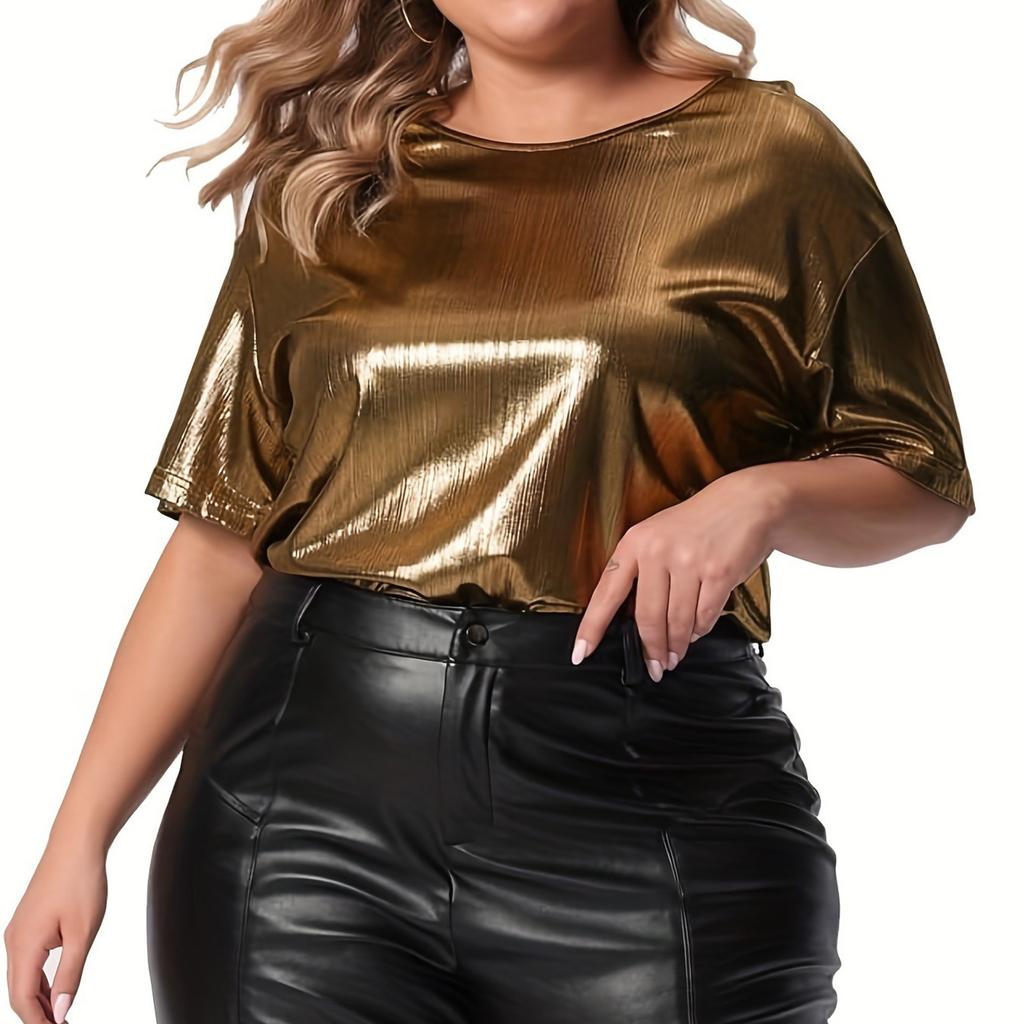 Damski T-shirt w dużym rozmiarze z okrągłym dekoltem, w jednolitym kolorze, z krótkim rękawem, z złotym pudrem