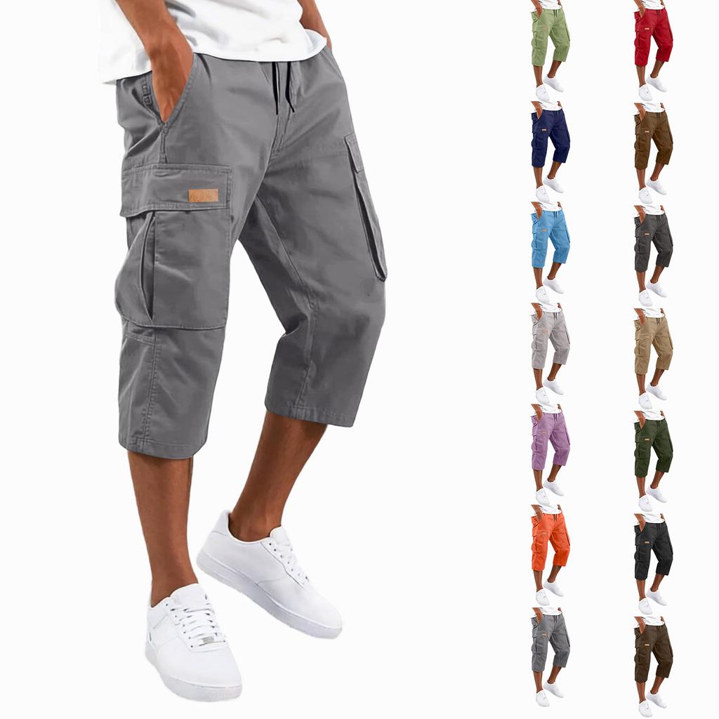 Men's Cargo Drawstring Pants Casual Multi Pocket Capri Work Trousers Lightweight Breathable Outdoor Utility Pants for Daily Wear