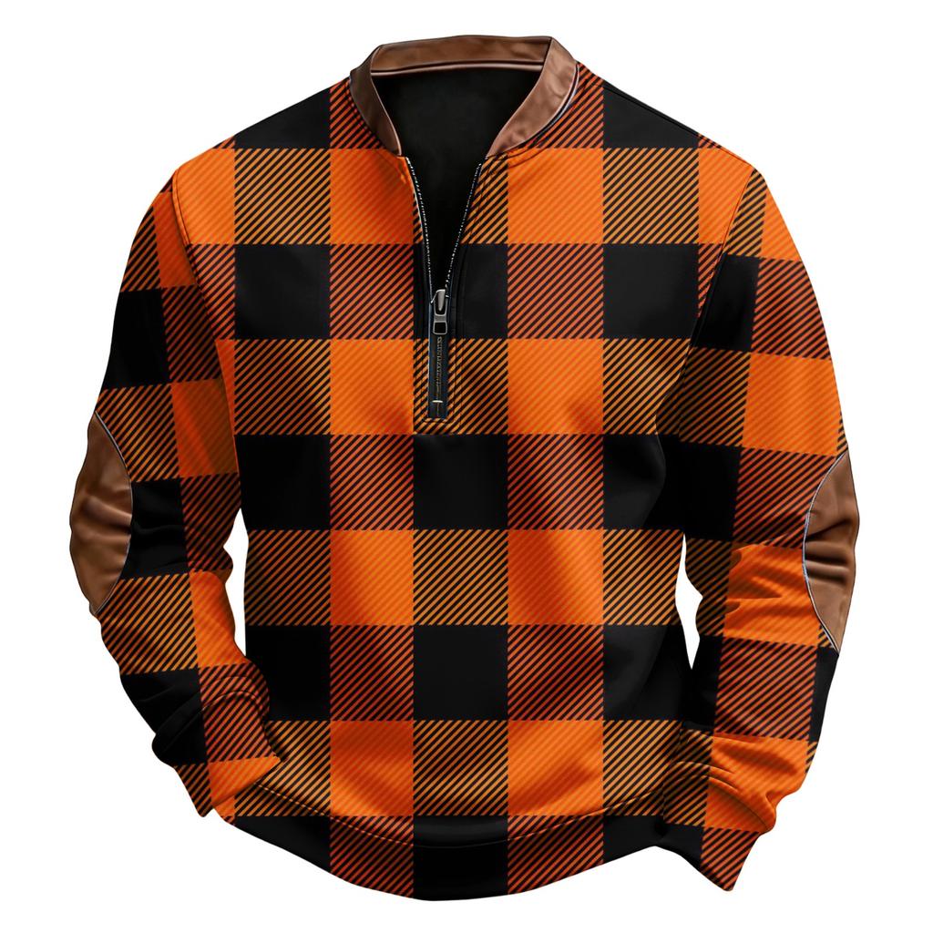 Herr Casual, Trendig, Retro Amerikanskt Rutigt Tryck Rundhals Långärmad Halv-dragkedja En-del Sweatshirt