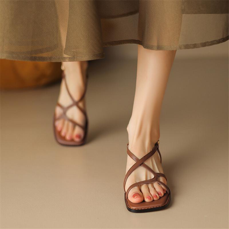 Fashion Split Leather Summer Sandals 2025 Square Toe Sandals Cowhide Roman Shoes Women Handmade Low Heel Shoes for Women Zapatos Mujer