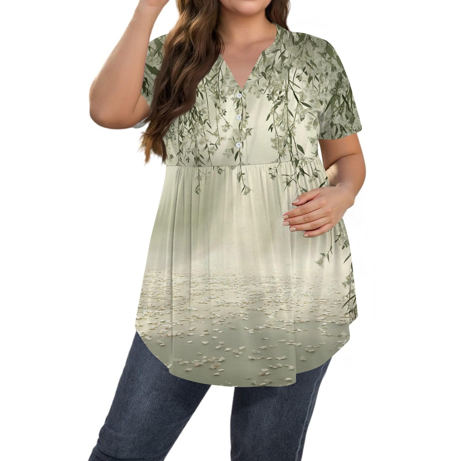 

Женский принтованный топ большого размера с V-образным вырезом и застежкой на пуговицы, повседневный топ с короткими рукавами и свободным кроем L