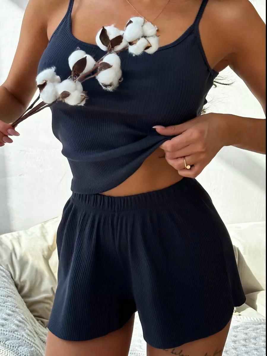 

Европейский и американский женский пижамный комплект в рубчик: Однотонная майка и шорты S темно-синий