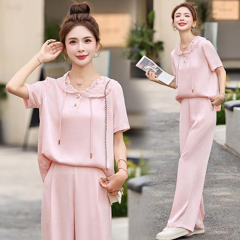 

Fashion Casual Suit Women s Summer Splicing Lace Hooded T-Shirt Small Wide Leg Pants Two-piece Set M рожевий