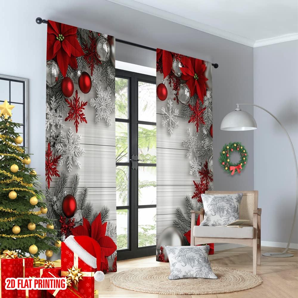 2pcs 2D flat printing Merry Christmas Window Curtains Christmas Ornaments Red Silver Snowflakes (2) Polyester Without