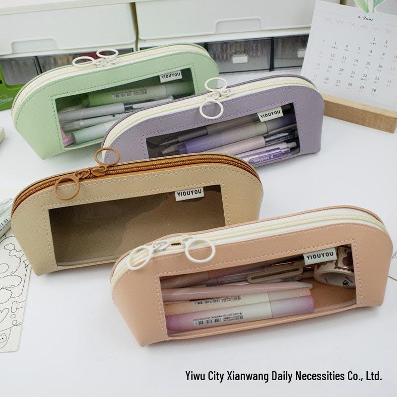 Morandi Color Double-Sided Leather Pencil Case with Transparent Window - Cross-Border 2024 Edition
