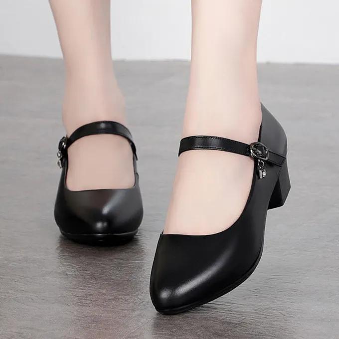 Women's Medium Heel Pumps - Soft Leather Non-Slip with Adjustable Buckle Comfortable for Daily & Casual Wear