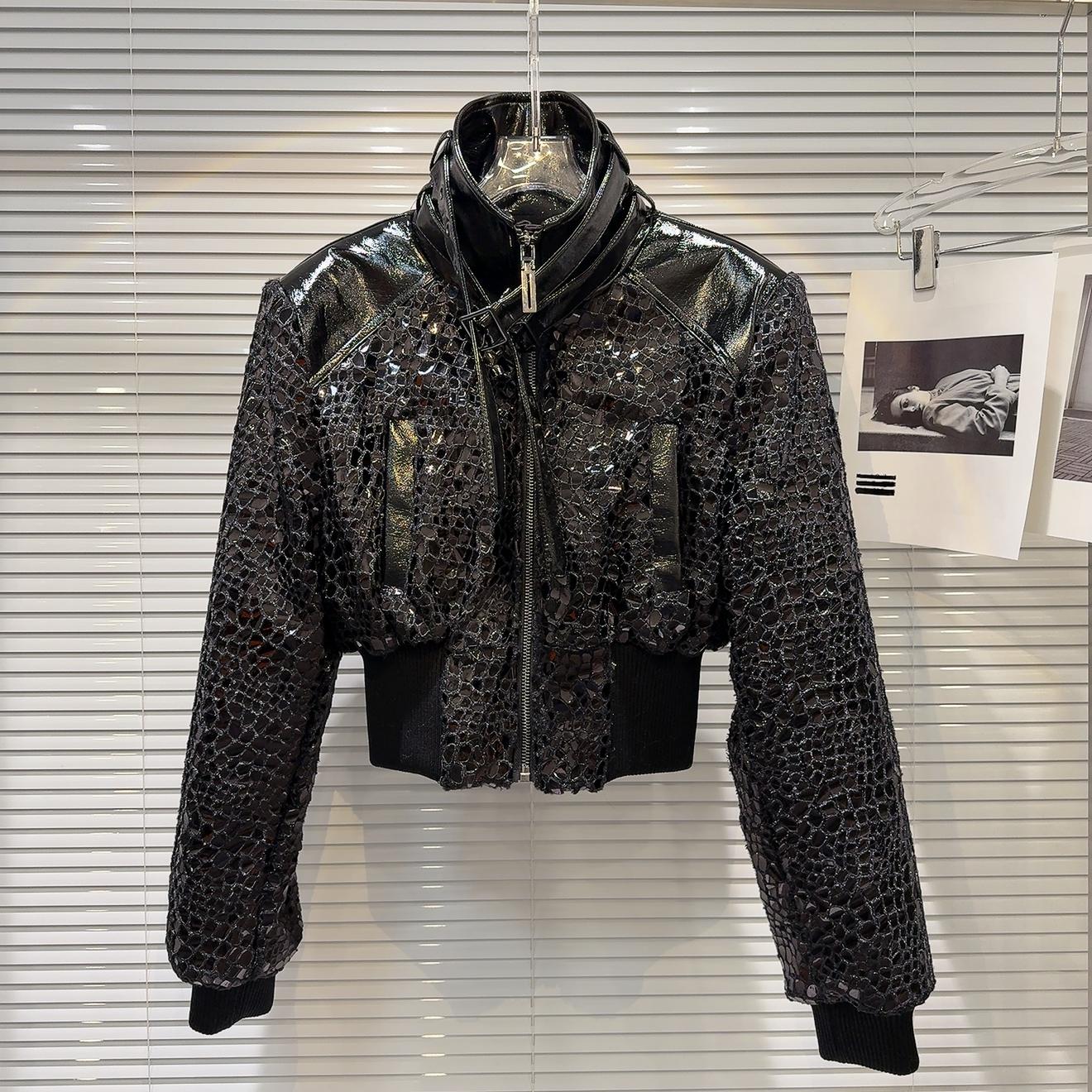 European Station Autumn New Fried Street Cool Spicy Patent Leather Glossy Crocodile Leather Pattern PU Leather Jacket Leather Jacket Women S