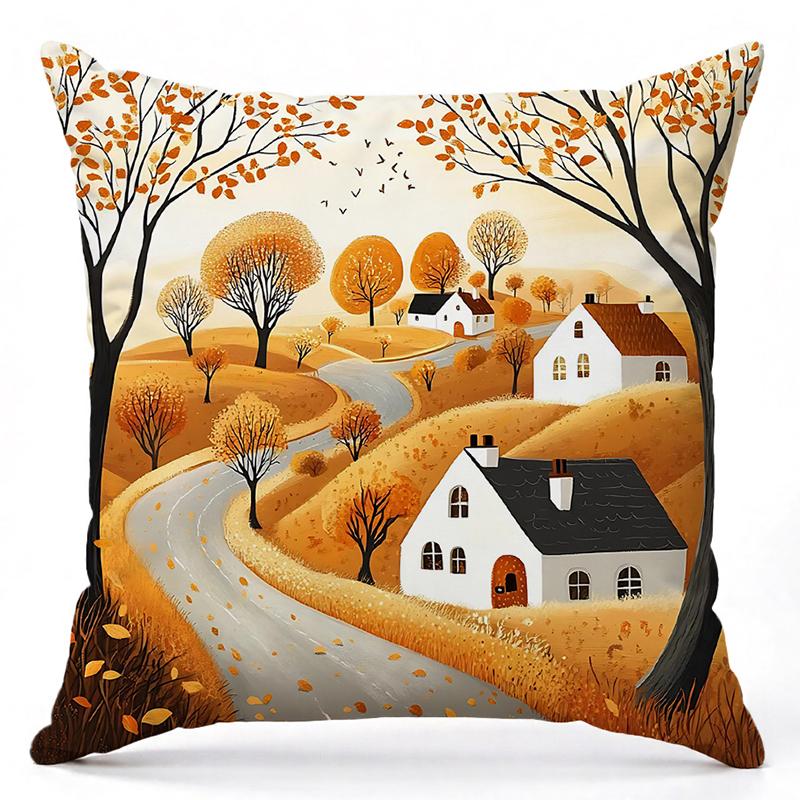 Autumn Countryside Scenes Printed Decorative Throw Pillows Square Polyester Pillowcase, Modern Sofa Decorative Cushion Cover