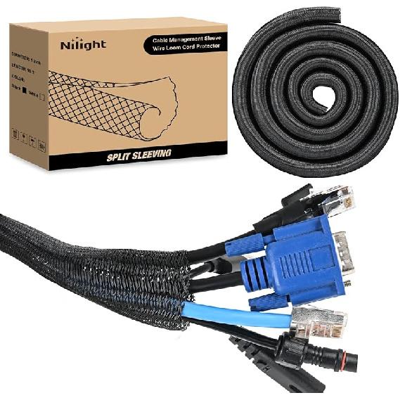 Nilight Cable Sleeve, 10ft-1/2inch Cord Management Sleeves, Braided Sleeving, Split Self Wrapping Wire Loom for Computer Electrical Automotive 1/4 -10ft