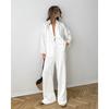 Women V Neck Lace Up Shirt High Waist Straight Pants Casual Two Piece Set
