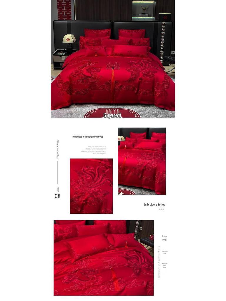 G5Z Κινεζικού Στυλ Κεντητό Κόκκινο Σετ Κλινοσκεπασμάτων Γάμου - Εορταστικό Τετραπλό Σετ με Παπλωματοκάλυμμα για Νιόπαντρα