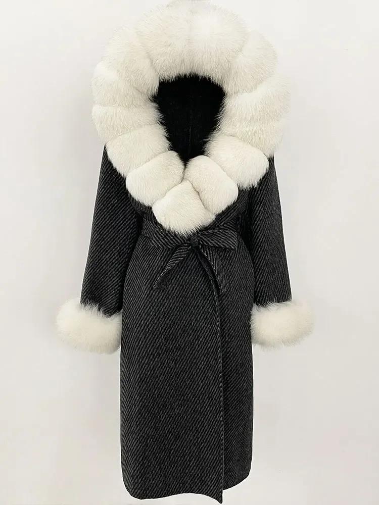 OFTBUY Autumn Winter Women Coat Real Natural Fox Fur Collar Hooded Double-faced Woolen Blends Jacket Thick Warm Casual Overwears