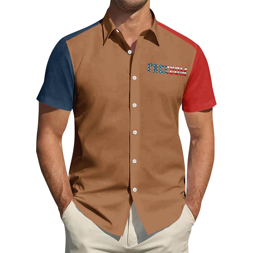 Top da Uomo Stampato per il Giorno dell'Indipendenza con Colletto Camicia Casual Sportiva a Maniche Corte da Uomo