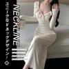 PHOLEEY Long Tight Midi Elegant for Women's Dress, Sleeve, V-Neck, Ruffles, Ribbon, Length, Fall/Winter