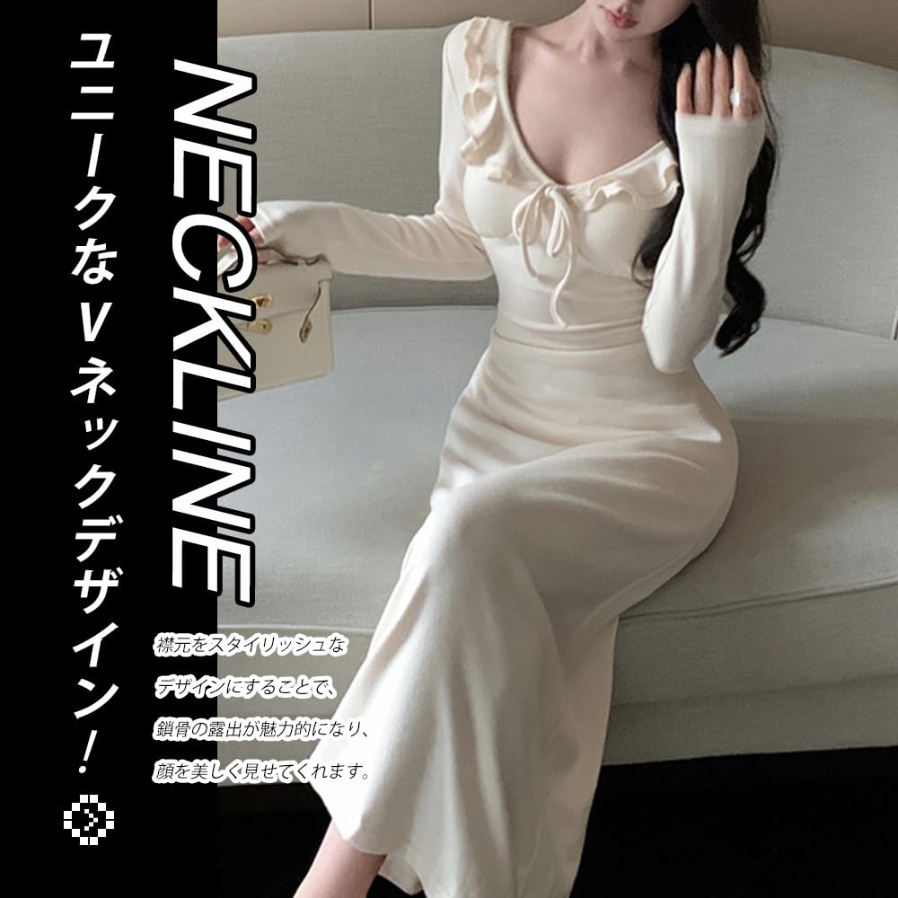 PHOLEEY Long Tight Midi Elegant for Women's Dress, Sleeve, V-Neck, Ruffles, Ribbon, Length, Fall/Winter