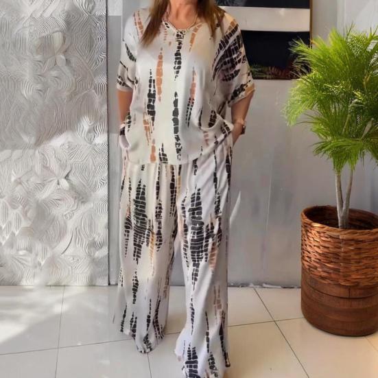 Zweiteiliges Set für Damen in Übergröße, Sommer, lässig, Rundhalsausschnitt, Kurzarm, Oberteil, weites Bein, Hose, Set, lockeres Outfit für Frühling, Sommer, Herbst