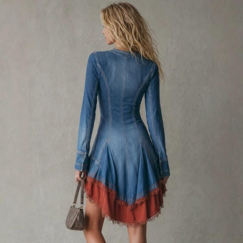 Bohemian Lace Patchwork Denim Mini Dress V Neck Slim Fit 2026