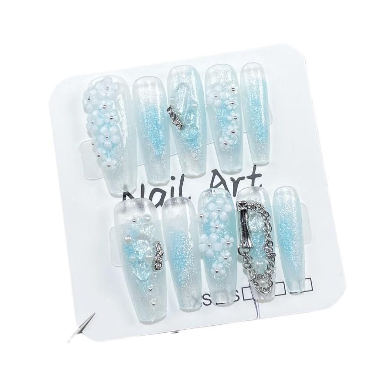 Handmade Press-On Nails Long Coffin Shape With Ocean Blue Ombre Floral Design Sparkle Glitter Women
