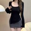 Tender Pink Spice Girl Square Collar Side Split Long-sleeved Shirt Early Spring Tight Pleated Sexy Bottoming Top Women