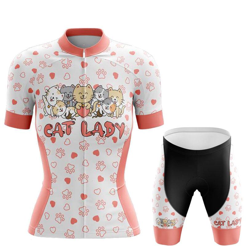 Women's Cycling Jersey Set Pink Cartoon Cat Summer Short Sleeve Breathable MTB Bike Cycling Clothing Maillot Ropa Ciclismo Mujer