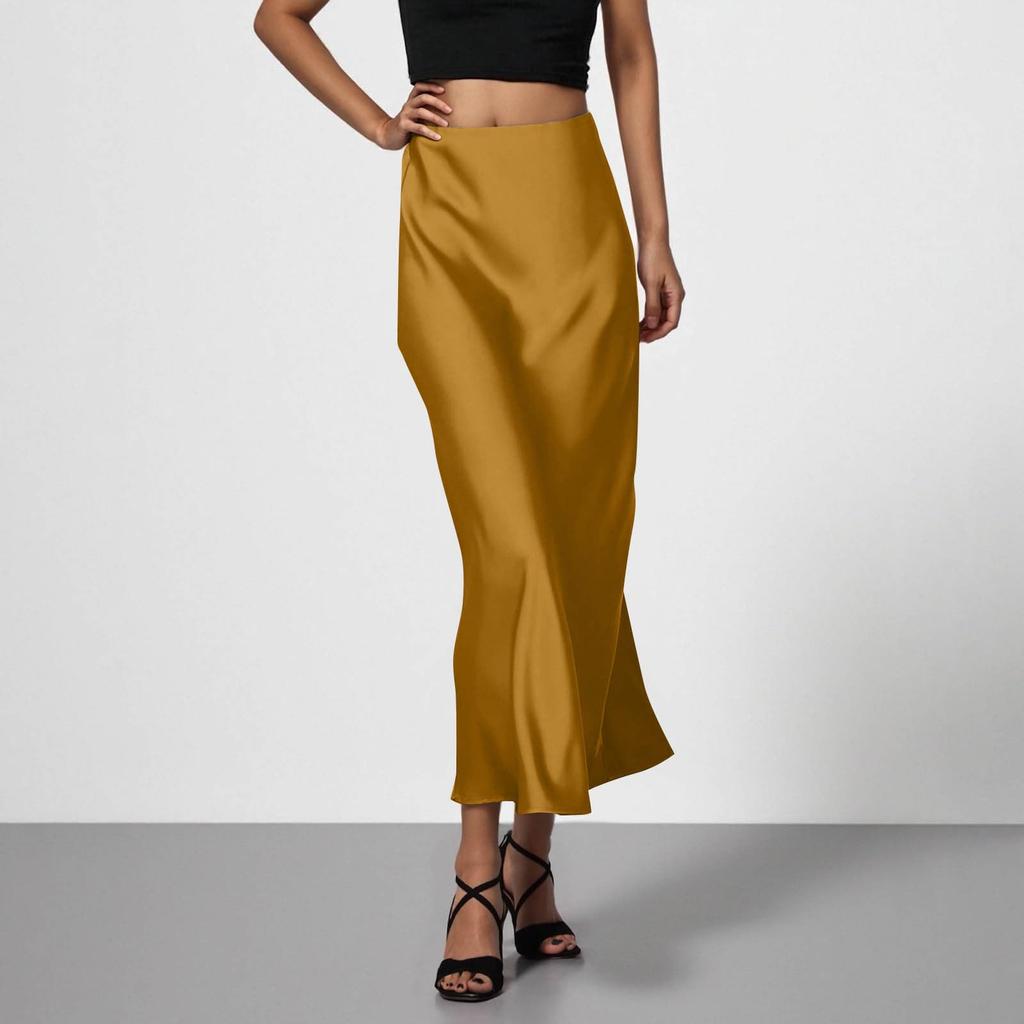Stylish And Elegant Silky Satin Midi Skirt, Versatile, Slimming And Flowing Bodycon Maxi Skirt For Women.