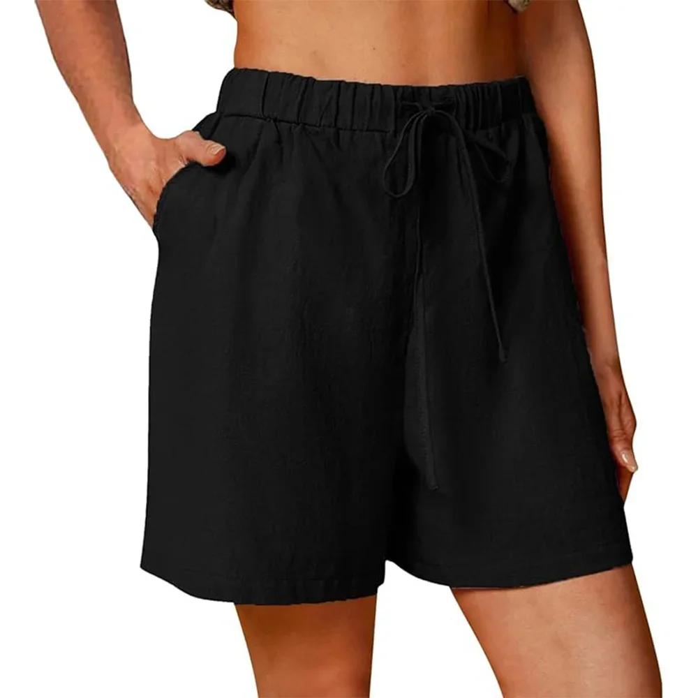 Damen Sommer Casual Shorts Kordelzug Einfarbig Baumwolle Leinen Kurze Hosen Weiblich Lose Gerade Jogging Outdoor Streetwear