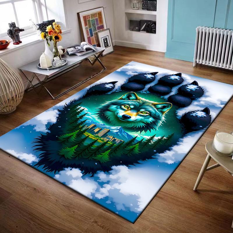 Wolf Face with Forest and Cityscape - Non-slip rug suitable for living room and bedroom sofas