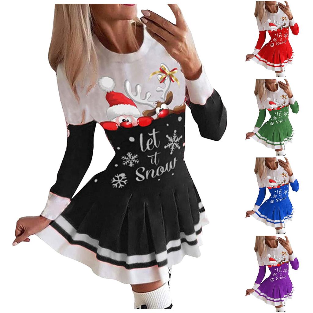 Women's Patchwork Printed Pleated Round Neck Long Sleeve Christmas Dress