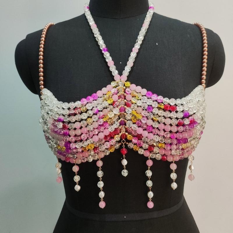 Graduated Colorful Beads Tassels Bralette Body Chain for Women’s Beachwear Beaded Body Jewelry Harness Bustier Bra Top