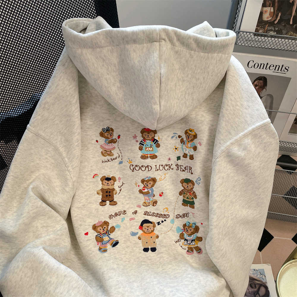 American lazy chic bear embroidered hooded sweater men and women spring and autumn retro oversize zipper jacket